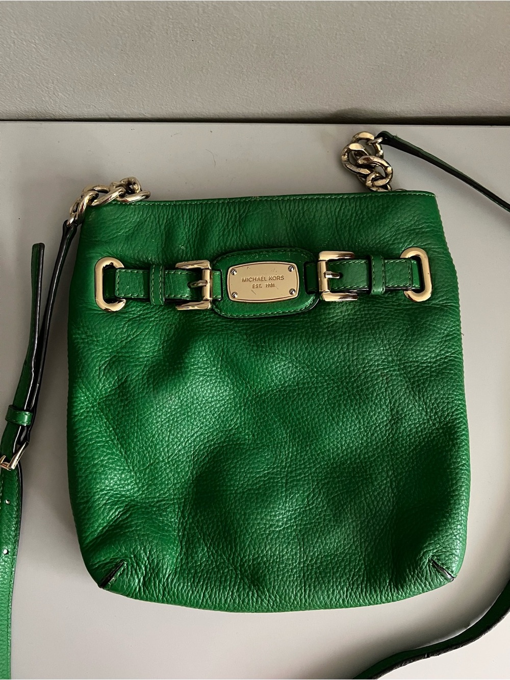 Michael Kors Hamilton Kelly Green Pebbled Leather Crossbody Bag Gold Hardware